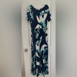 Turquoise, Blue and White Tropical Maxi Dress with pockets, Medium